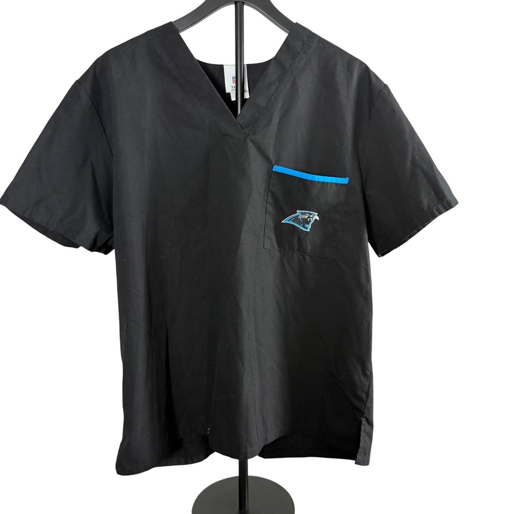 NFL Carolina Panthers Scrub Set Mens Large Black Blue V-Neck Top Pants 2pc L